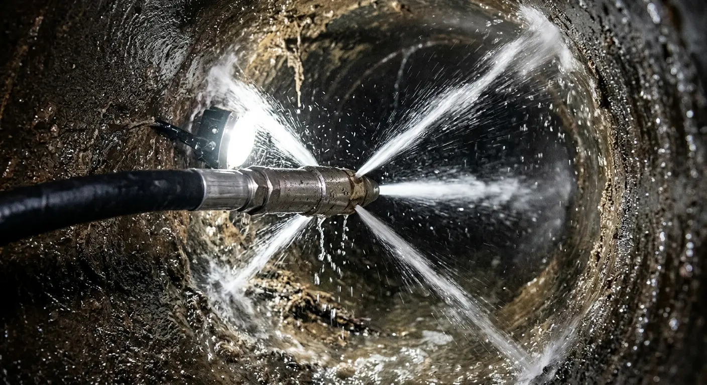 High-pressure hydro jetting nozzle cleaning sewer pipe for Trenchless Sewer Repair in Duanesburg