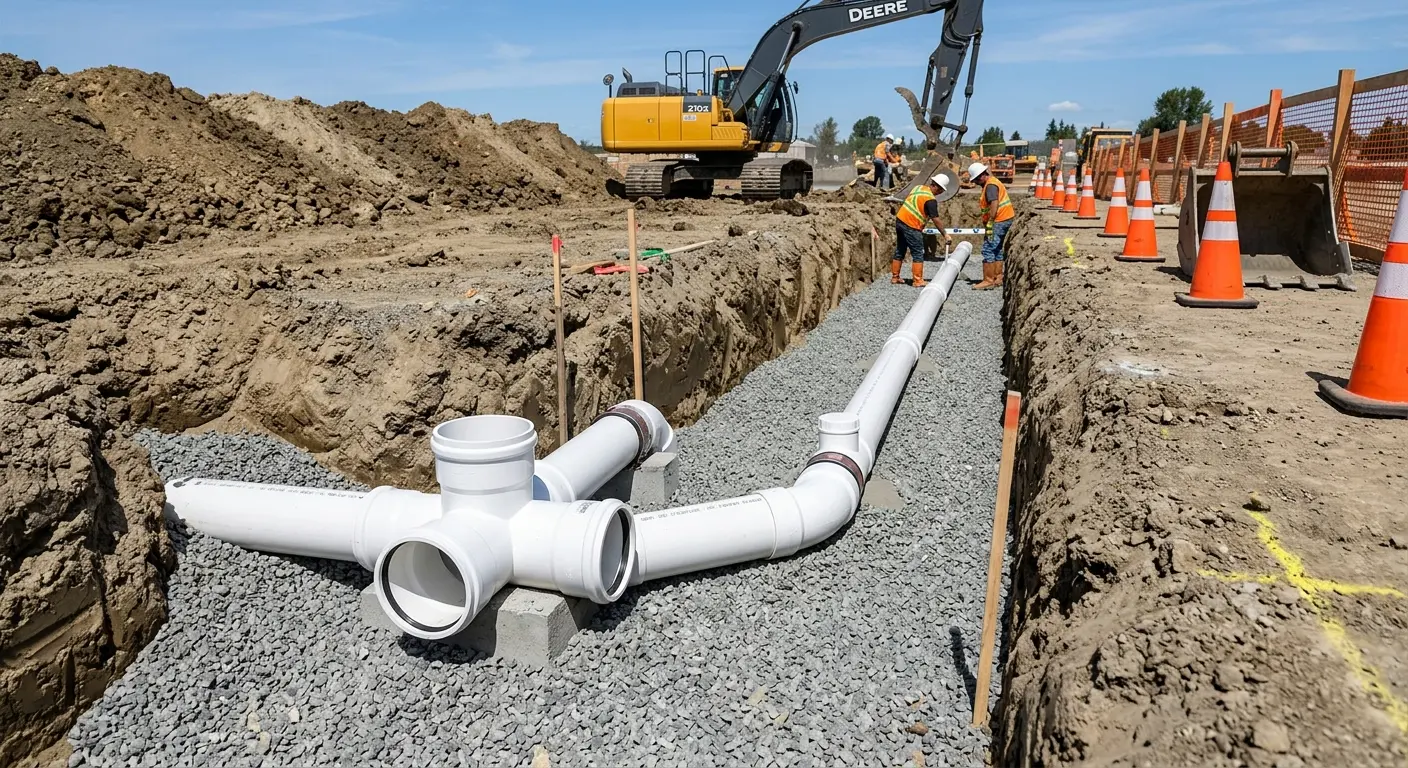 New PVC sewer pipe installation in open trench for Sewer Backup in Duanesburg