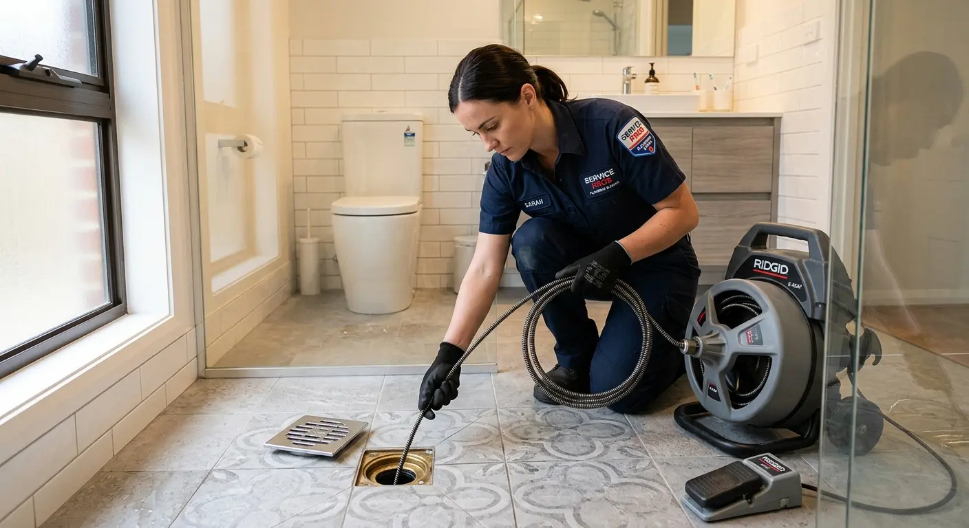Technician clearing a bathroom floor drain for Hydro Jetting in Duanesburg